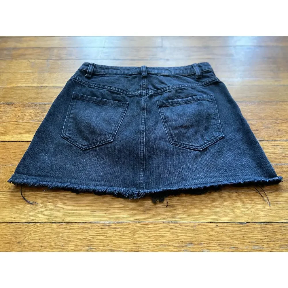 FREE PEOPLE Black Distressed Full Zip Denim Skirt sz 26